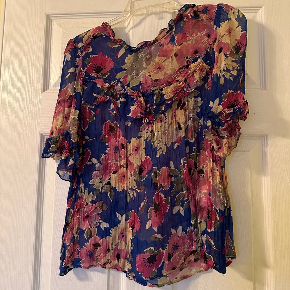 Sezane Floral Ruffled Sheer Blouse in Blue and Pink